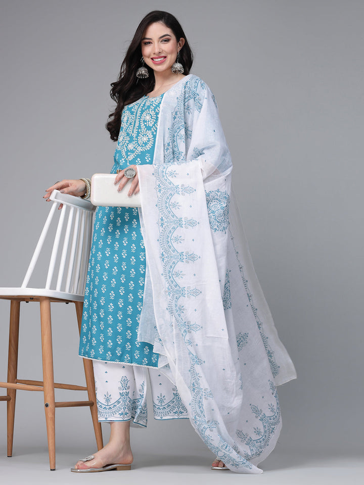 Printed &amp; Embroidered Rayon Kurta Pant Dupatta Set
