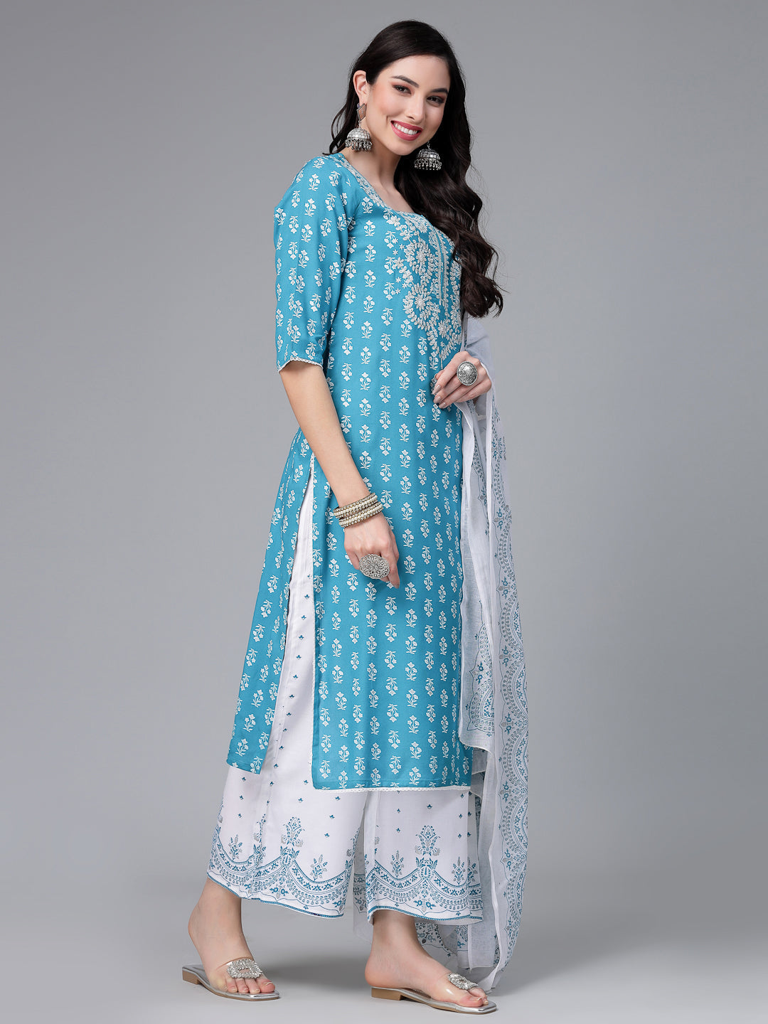 Printed &amp; Embroidered Rayon Kurta Pant Dupatta Set