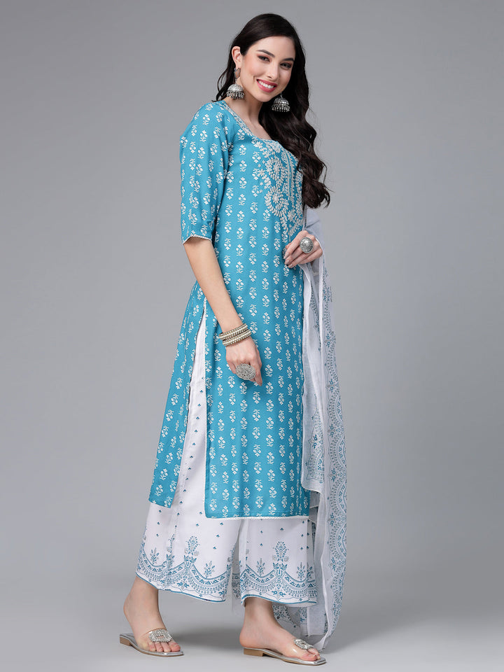 Printed &amp; Embroidered Rayon Kurta Pant Dupatta Set