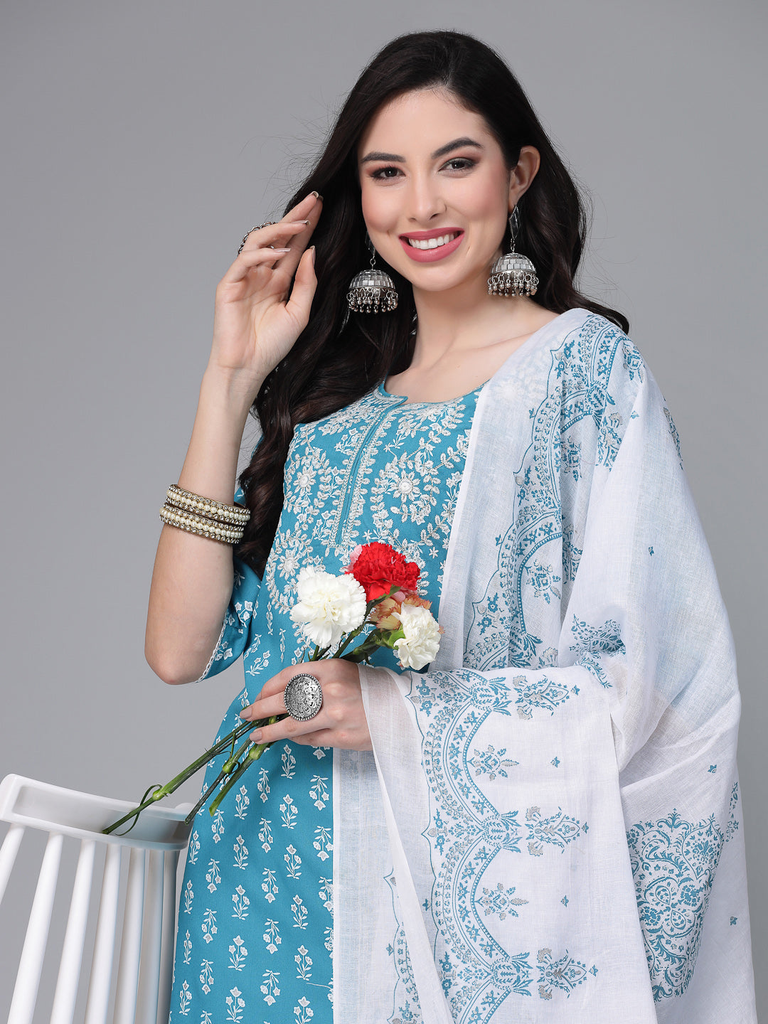 Printed &amp; Embroidered Rayon Kurta Pant Dupatta Set