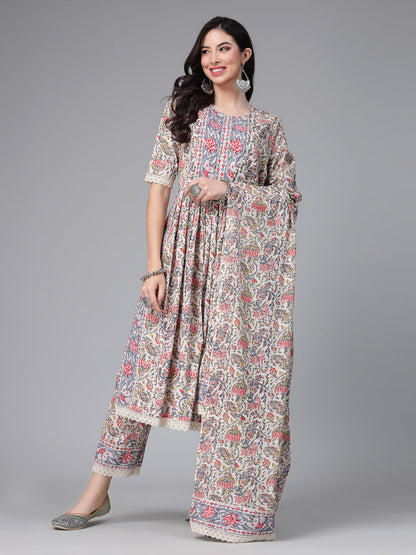 Floral Printed Cotton Naira Cut Kurta Pant Dupatta Set