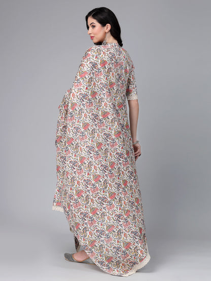 Floral Printed Cotton Naira Cut Kurta Pant Dupatta Set