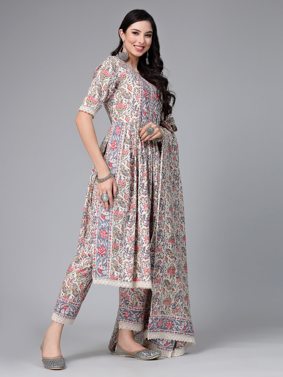 Floral Printed Cotton Naira Cut Kurta Pant Dupatta Set