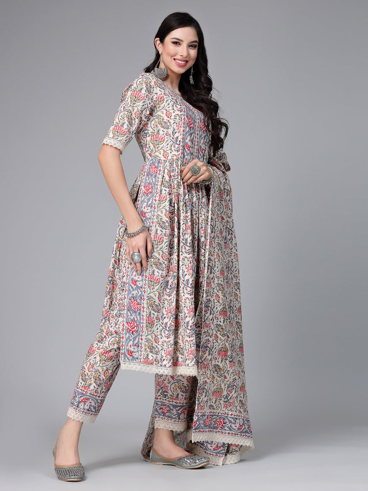 Floral Printed Cotton Naira Cut Kurta Pant Dupatta Set