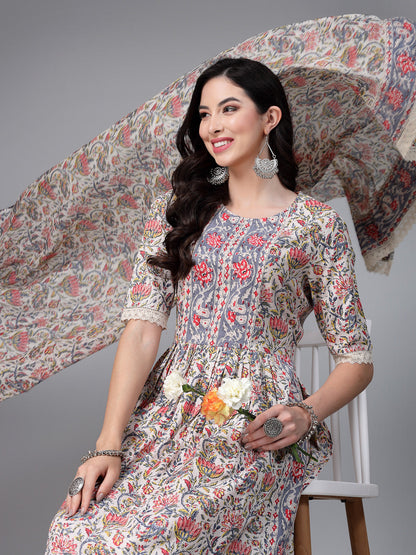 Floral Printed Cotton Naira Cut Kurta Pant Dupatta Set