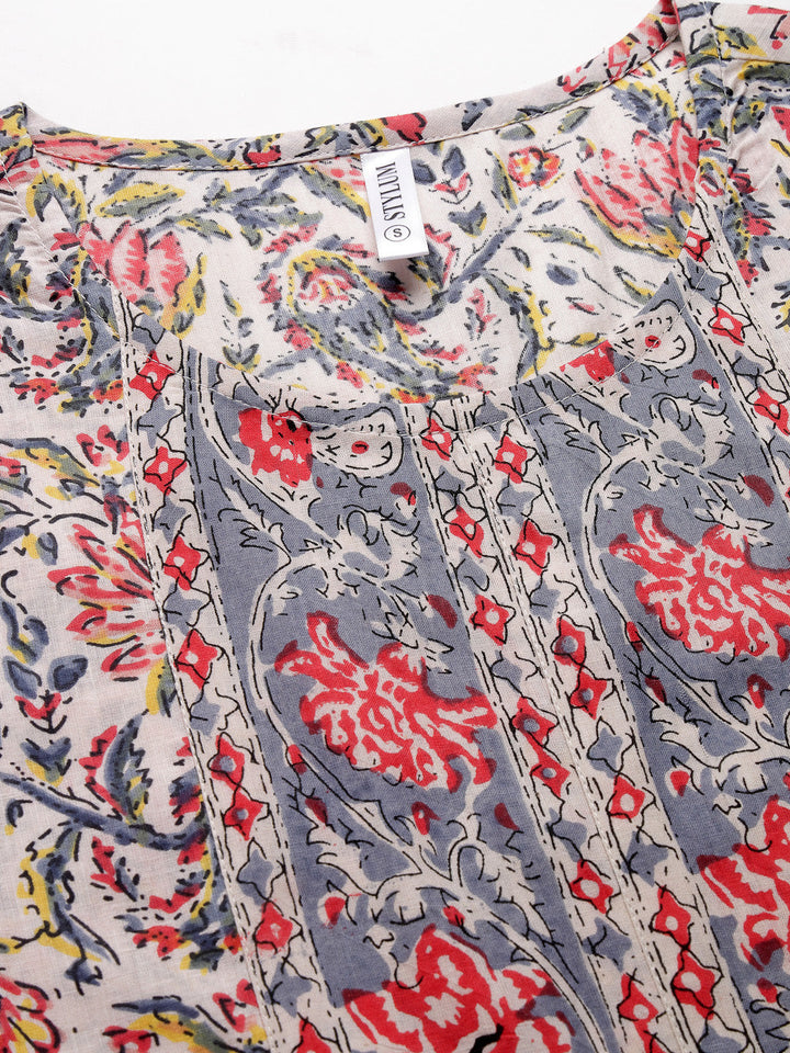 Floral Printed Cotton Naira Cut Kurta Pant Dupatta Set