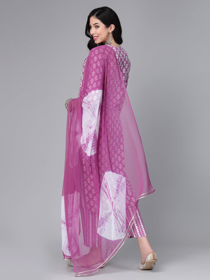 Printed &amp; Embroidered Rayon Kurta Pant Dupatta Set