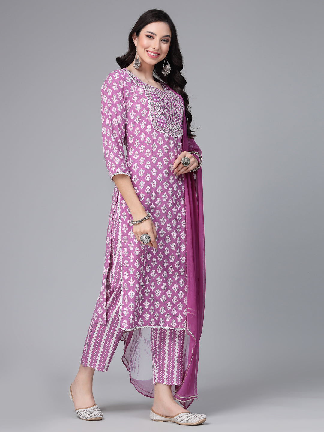Printed &amp; Embroidered Rayon Kurta Pant Dupatta Set