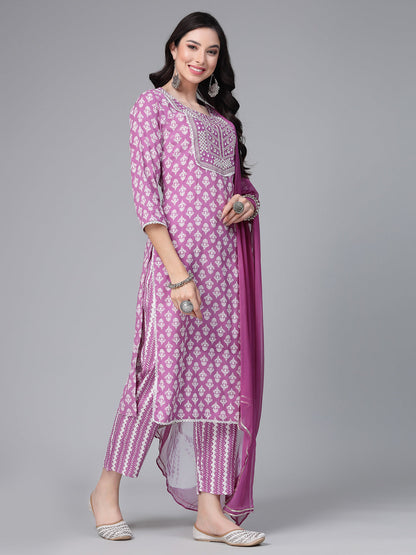 Printed & Embroidered Rayon Kurta Pant Dupatta Set