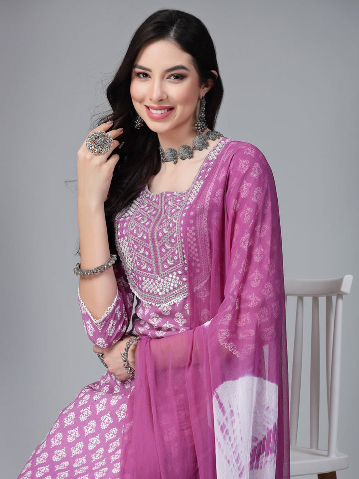 Printed &amp; Embroidered Rayon Kurta Pant Dupatta Set