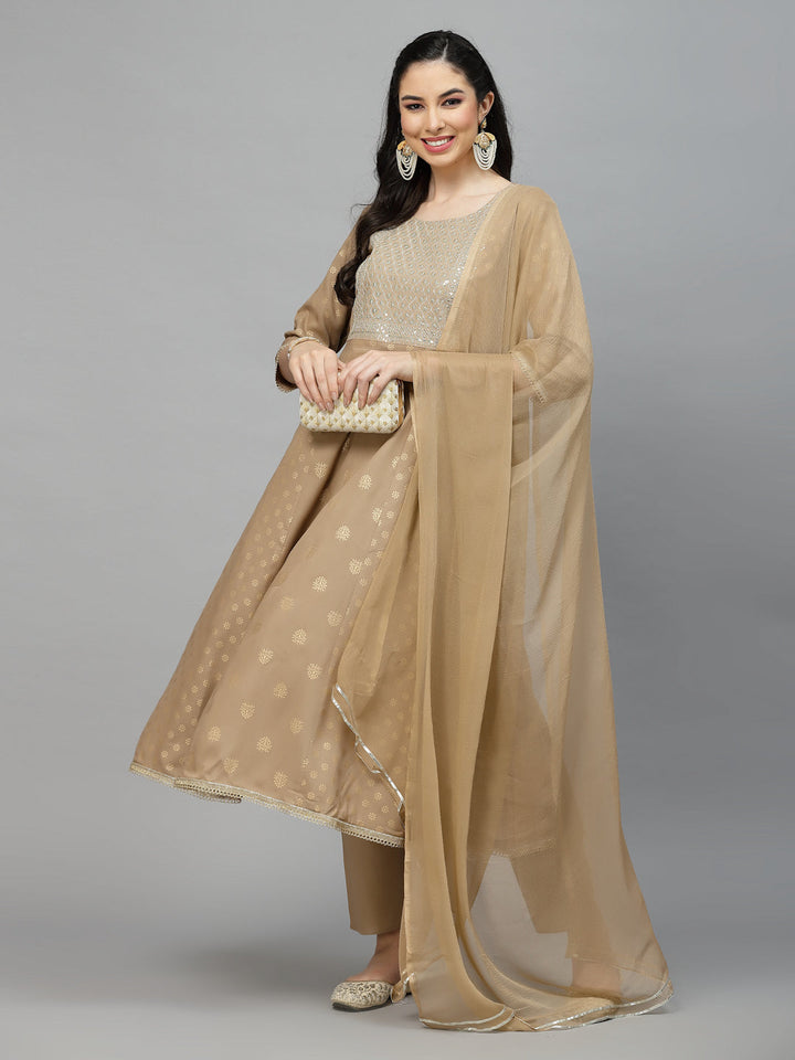 Gold Printed &amp; Embroidered Rayon Kurta Pant Dupatta Set