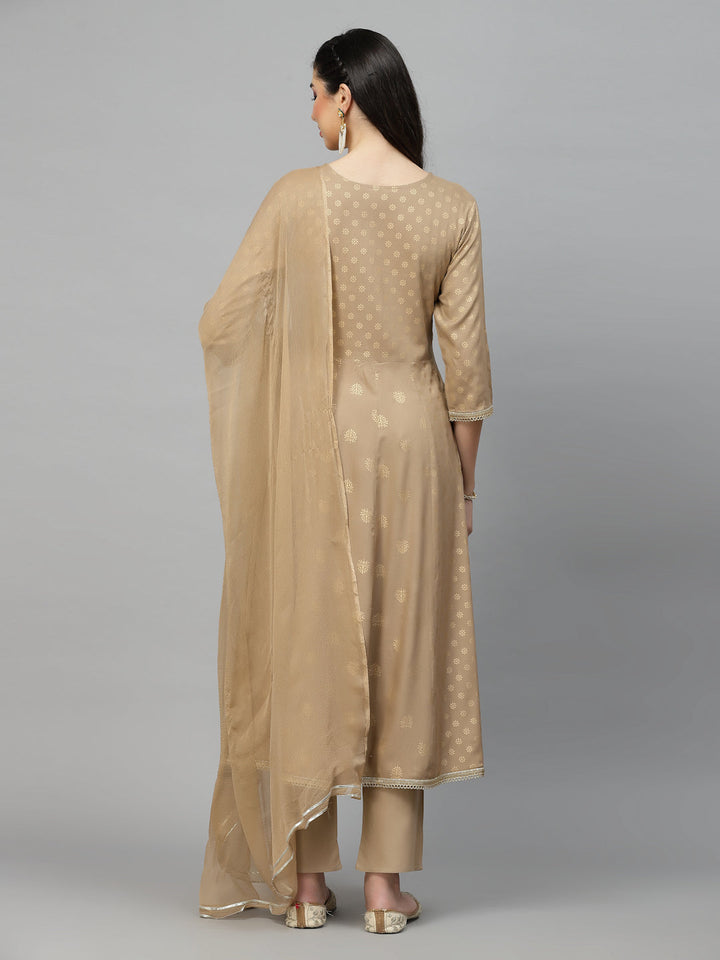 Gold Printed &amp; Embroidered Rayon Kurta Pant Dupatta Set