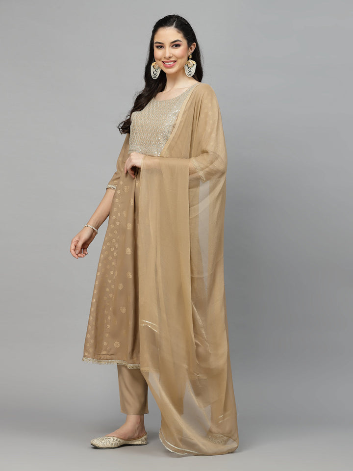 Gold Printed &amp; Embroidered Rayon Kurta Pant Dupatta Set