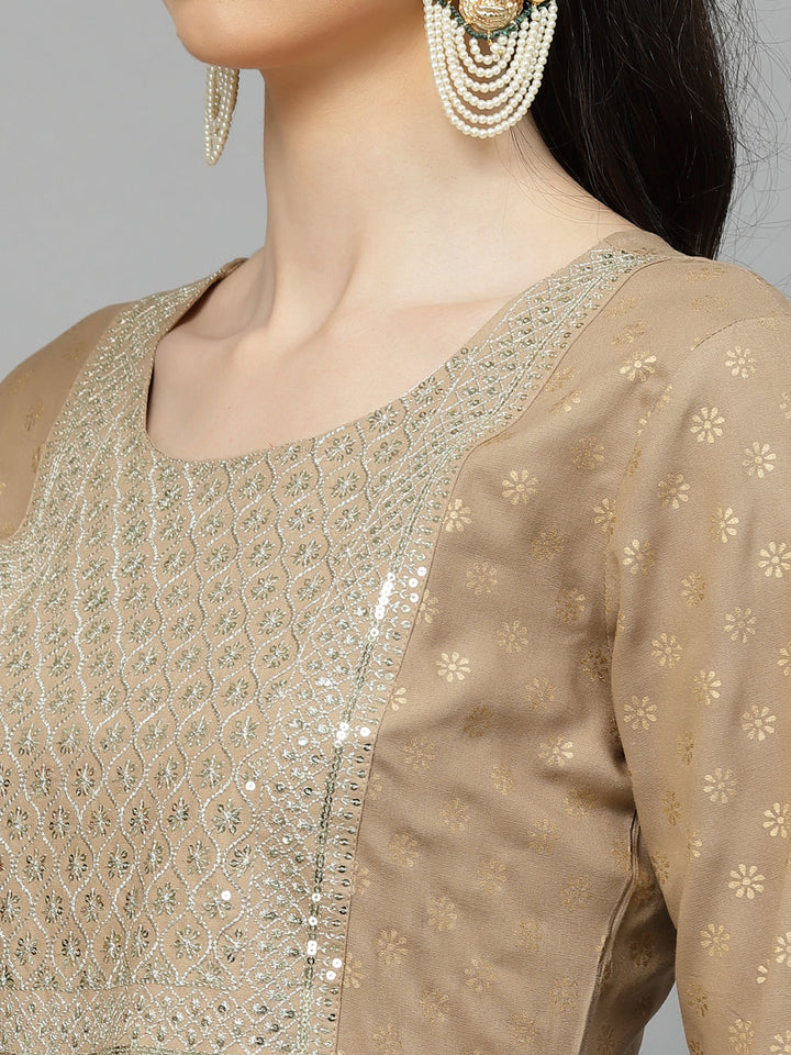 Gold Printed &amp; Embroidered Rayon Kurta Pant Dupatta Set