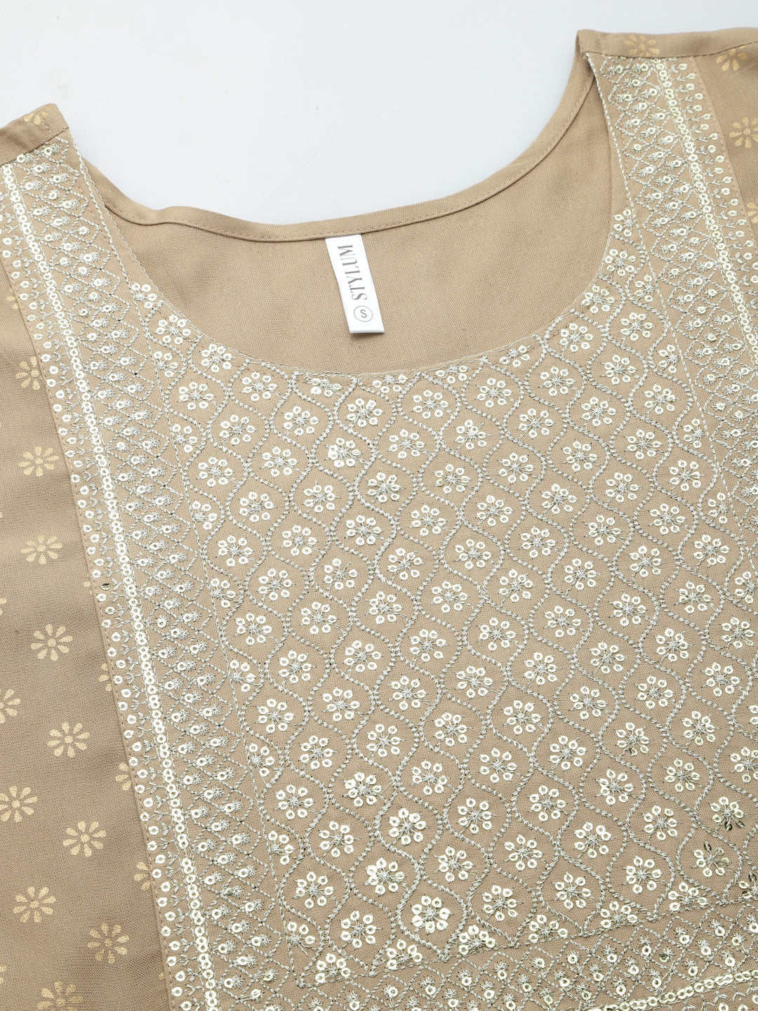 Gold Printed &amp; Embroidered Rayon Kurta Pant Dupatta Set
