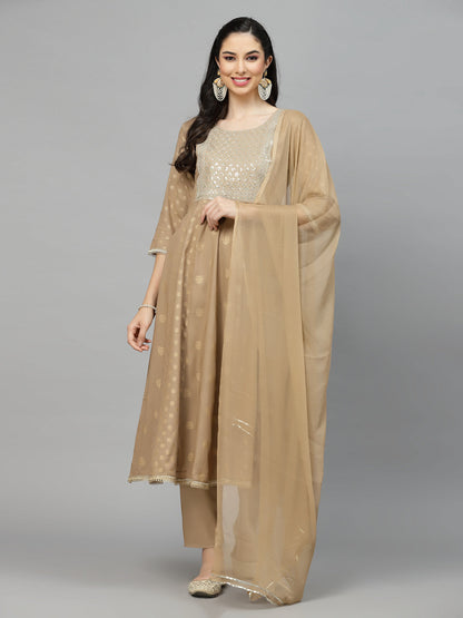 Gold Printed & Embroidered Rayon Kurta Pant Dupatta Set