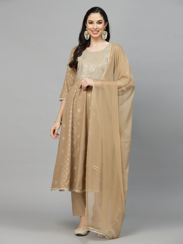 Gold Printed &amp; Embroidered Rayon Kurta Pant Dupatta Set