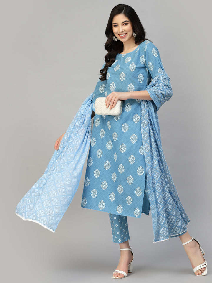Printed Rayon Kurta Pant Dupatta Set