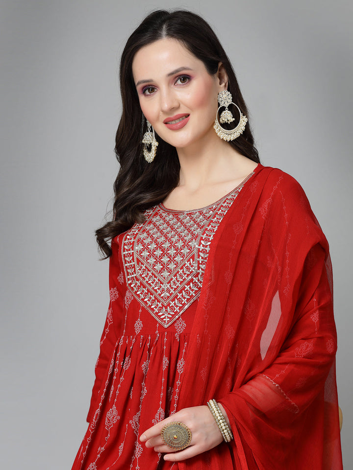 Printed &amp; Embroidered Naira Cut Kurta Pant Dupatta Set