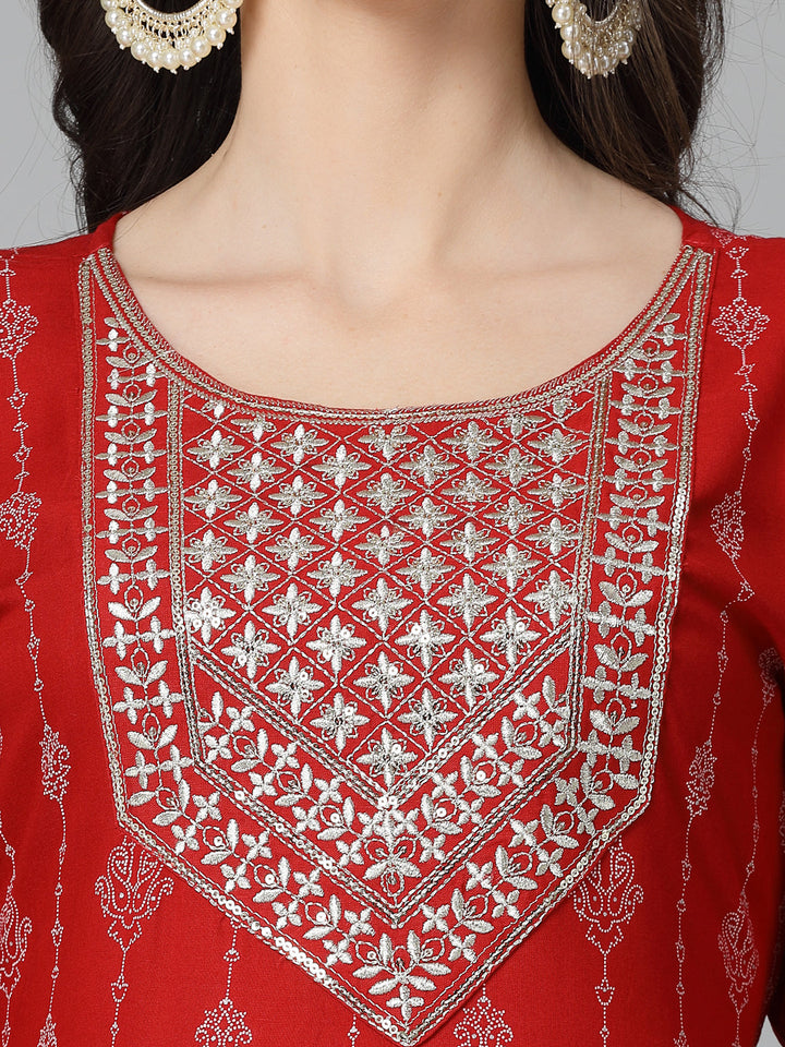 Printed &amp; Embroidered Naira Cut Kurta Pant Dupatta Set