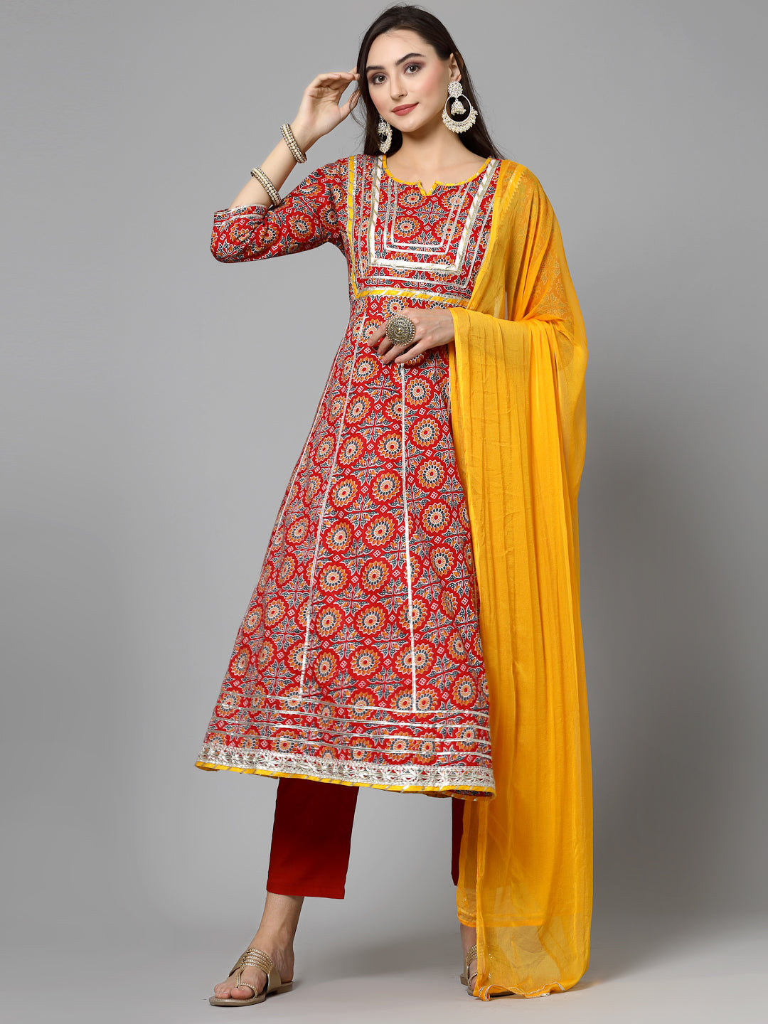 Printed &amp; Embellished Cotton Anarkali Kurta Pant Dupatta Set
