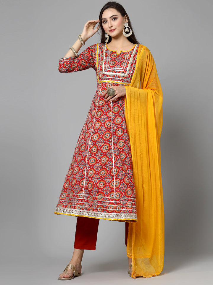 Printed &amp; Embellished Cotton Anarkali Kurta Pant Dupatta Set