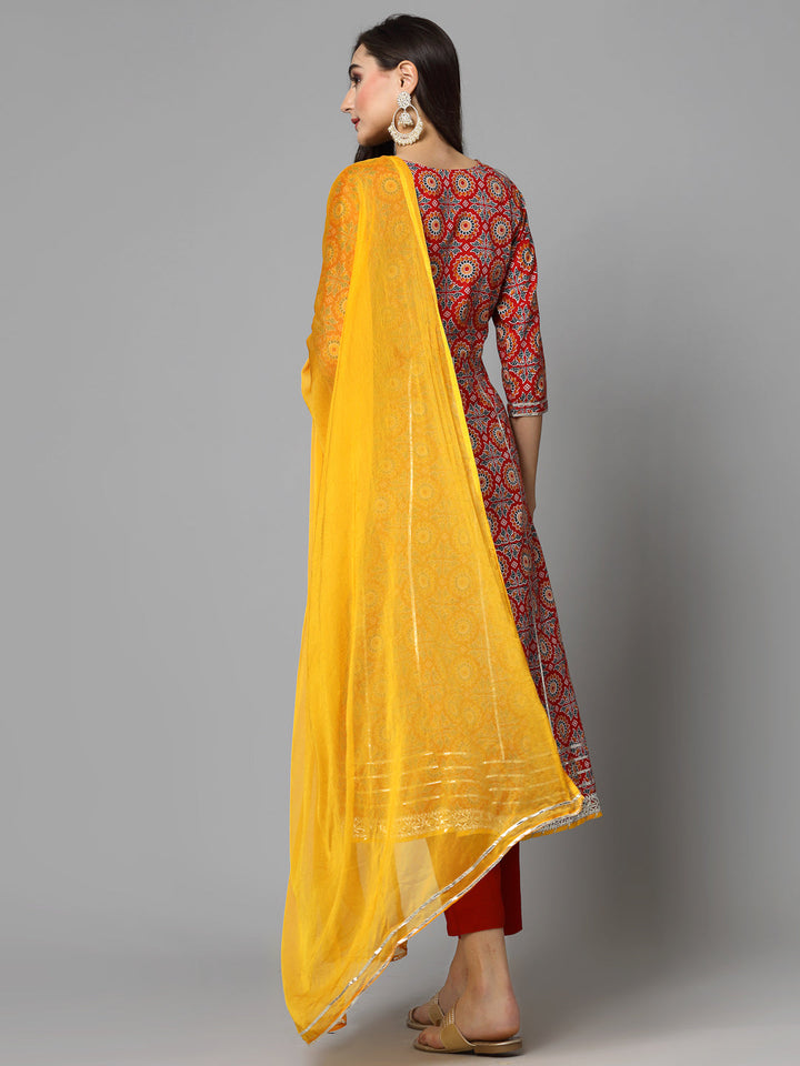 Printed &amp; Embellished Cotton Anarkali Kurta Pant Dupatta Set