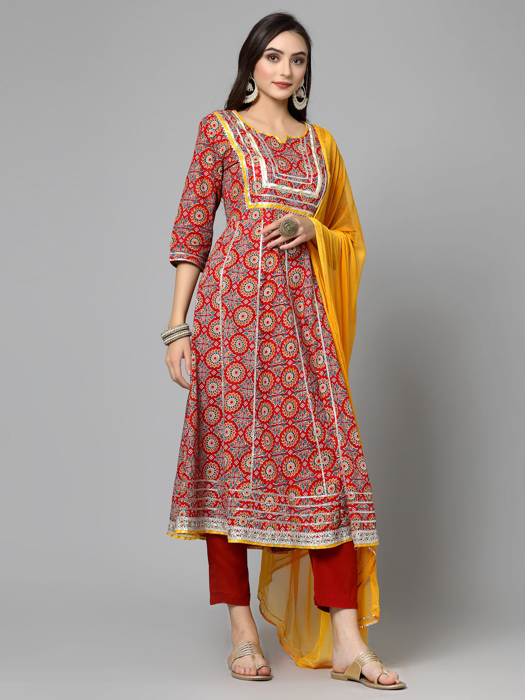 Printed &amp; Embellished Cotton Anarkali Kurta Pant Dupatta Set