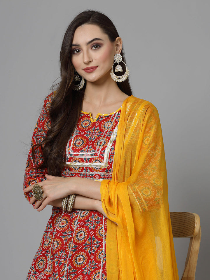 Printed &amp; Embellished Cotton Anarkali Kurta Pant Dupatta Set