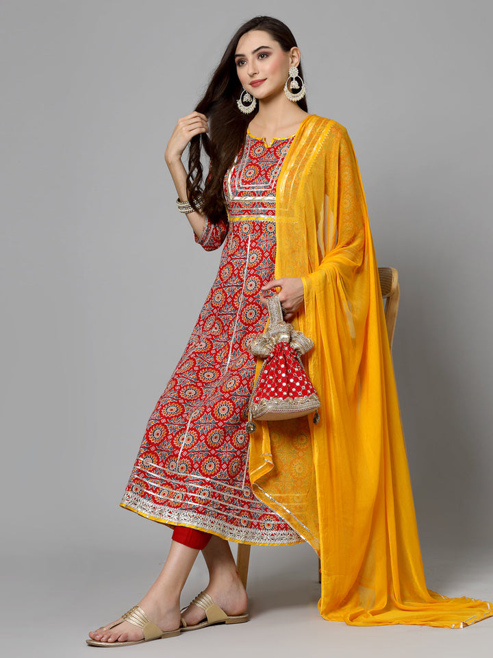 Printed &amp; Embellished Cotton Anarkali Kurta Pant Dupatta Set
