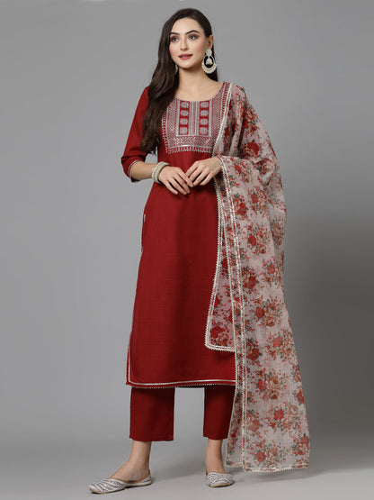 Embroidered Cotton Blend Kurta Pant Dupatta Set