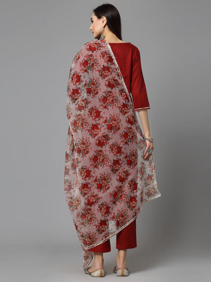 Embroidered Cotton Blend Kurta Pant Dupatta Set