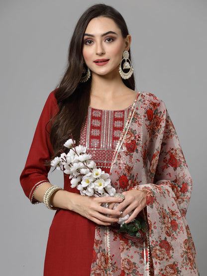 Embroidered Cotton Blend Kurta Pant Dupatta Set