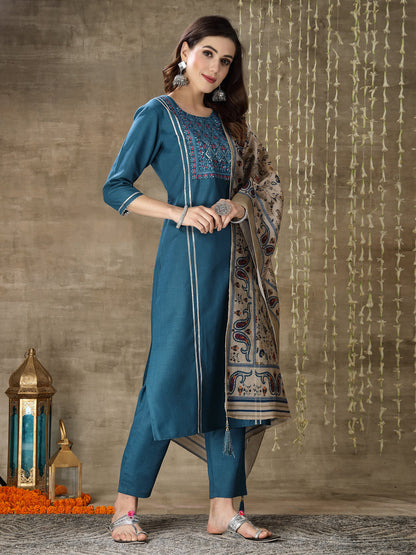 Embroidered Cotton Blend Straight Kurta Pant Dupatta Set