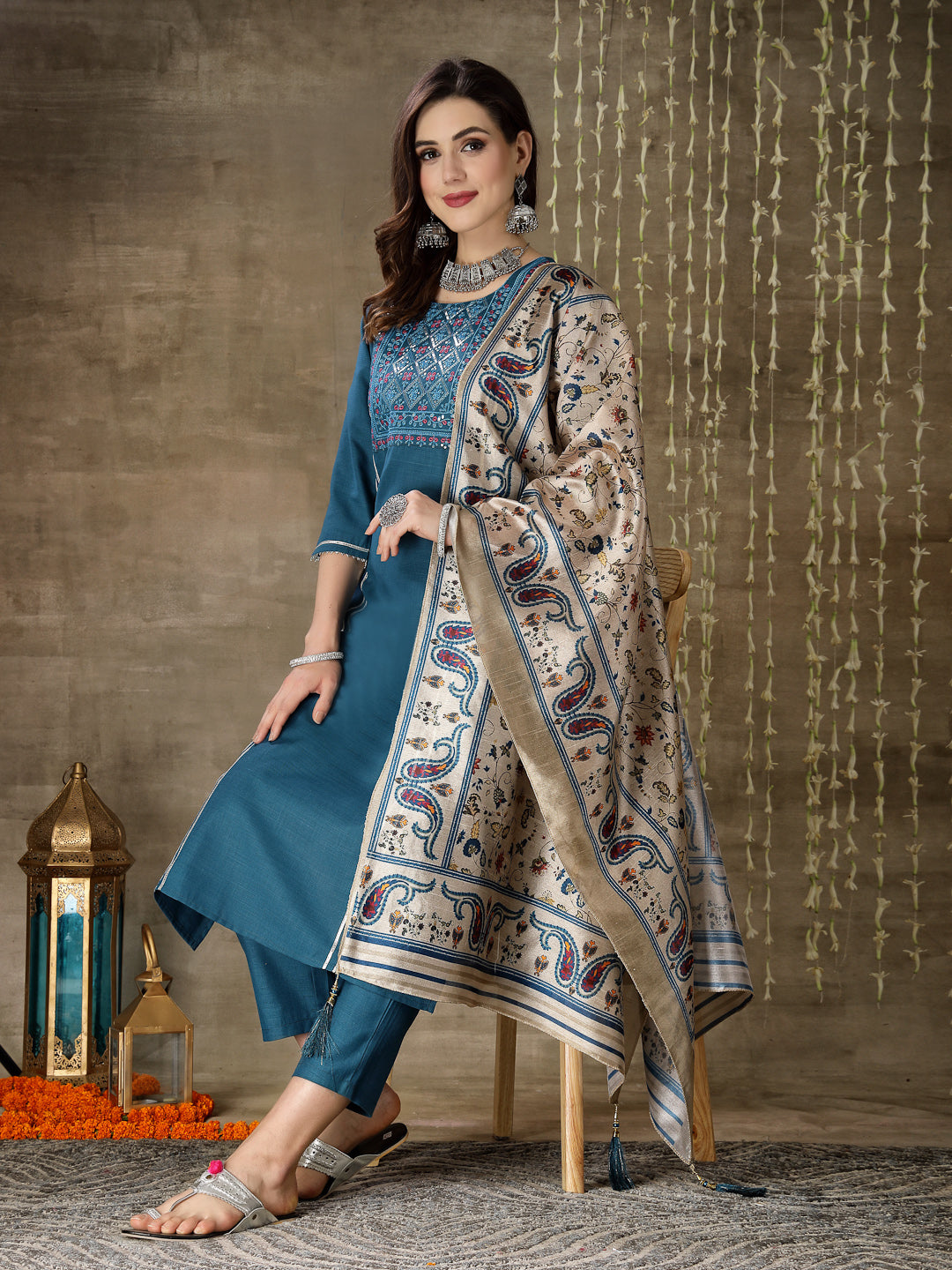 Embroidered Cotton Blend Straight Kurta Pant Dupatta Set