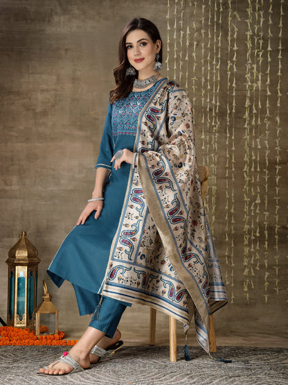 Embroidered Cotton Blend Straight Kurta Pant Dupatta Set