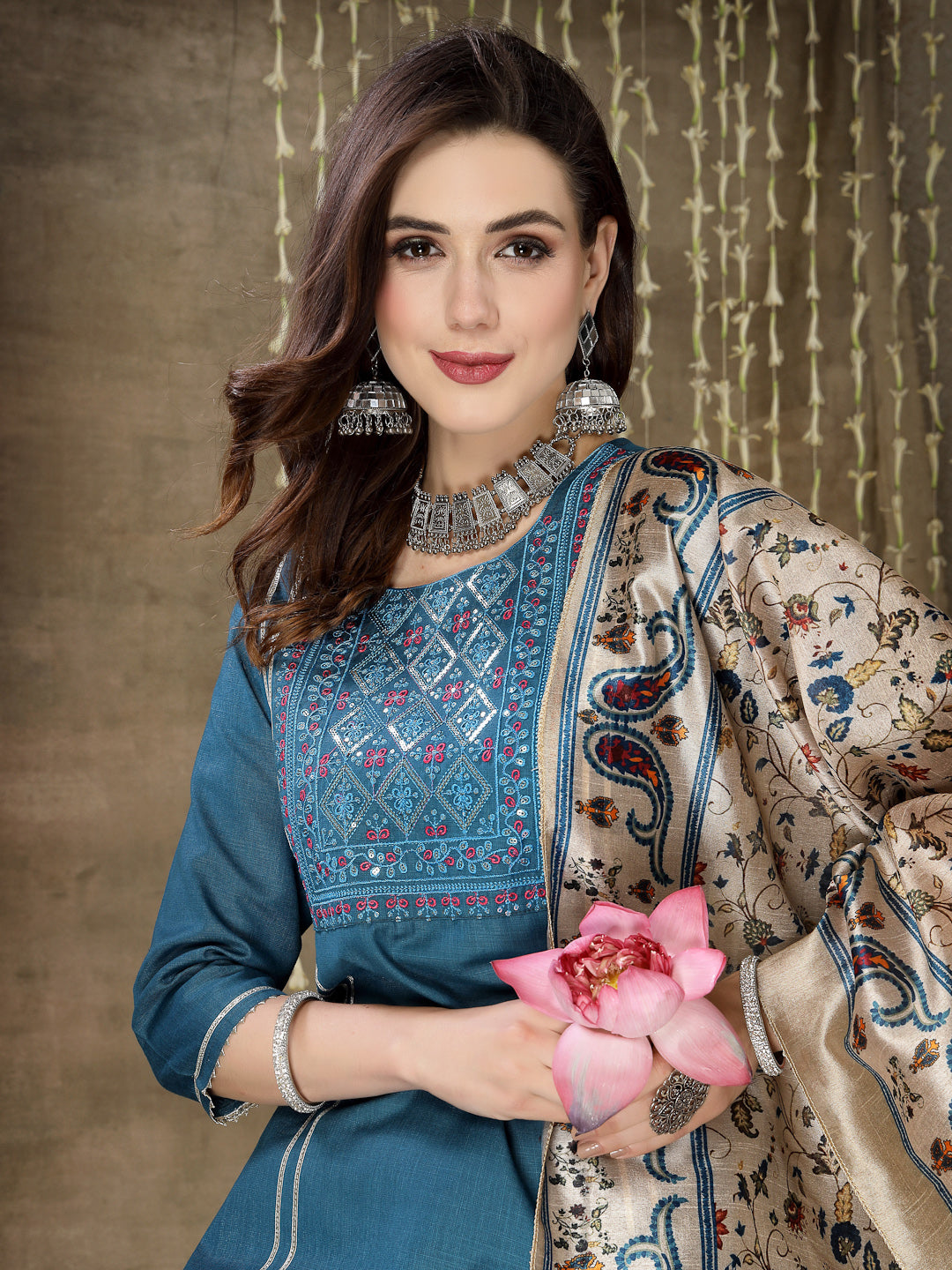 Embroidered Cotton Blend Straight Kurta Pant Dupatta Set