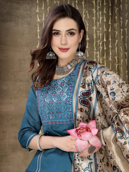Embroidered Cotton Blend Straight Kurta Pant Dupatta Set
