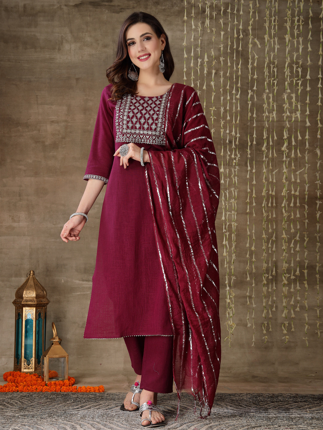 Embroidered Cotton Straight Kurta Pant Dupatta Set