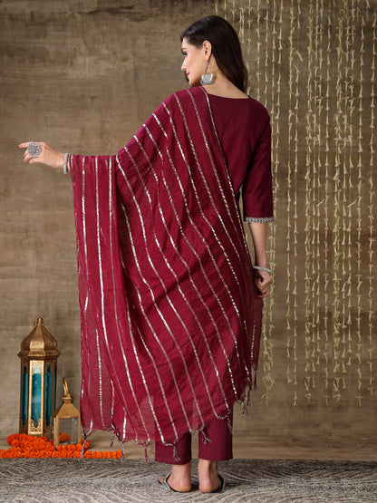 Embroidered Cotton Straight Kurta Pant Dupatta Set