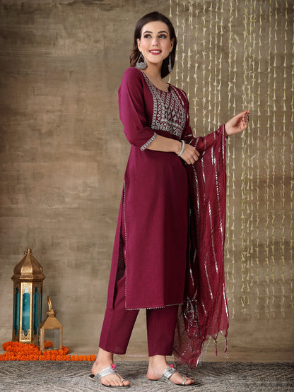Embroidered Cotton Straight Kurta Pant Dupatta Set
