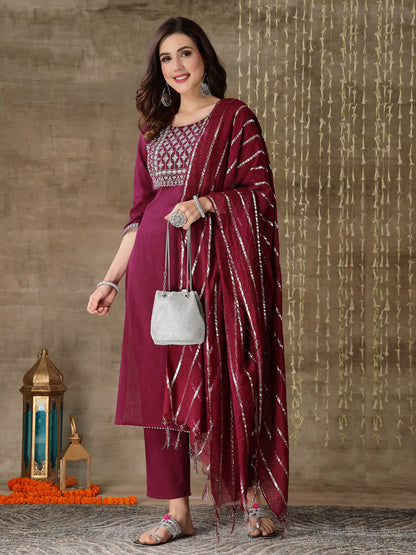 Embroidered Cotton Straight Kurta Pant Dupatta Set