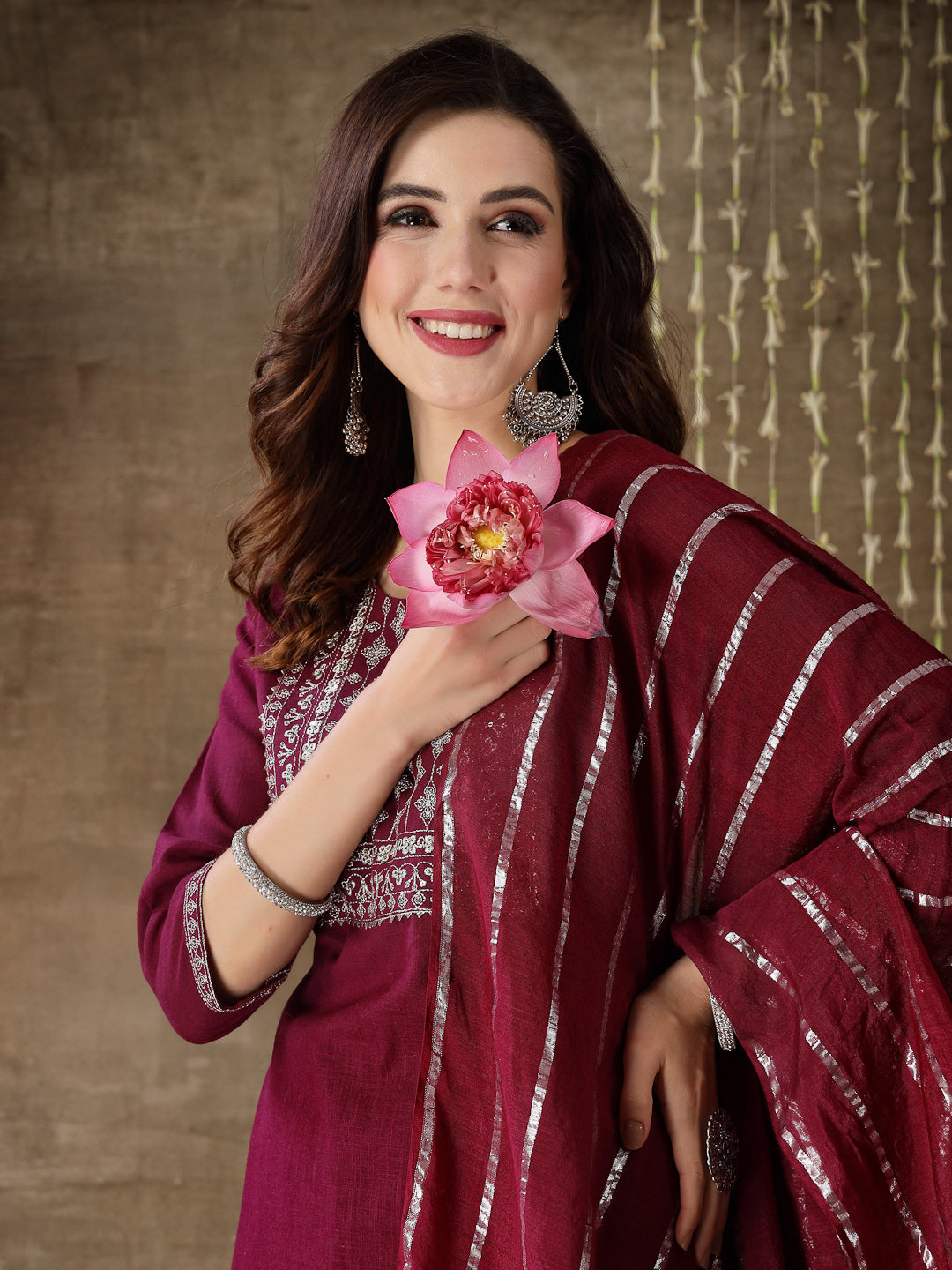 Embroidered Cotton Straight Kurta Pant Dupatta Set