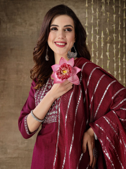 Embroidered Cotton Straight Kurta Pant Dupatta Set