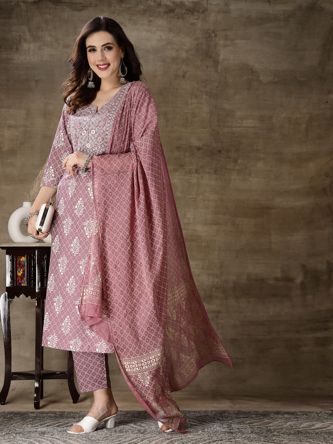 Printed &amp; Embroidered Rayon Straight Kurta Pant Dupatta Set