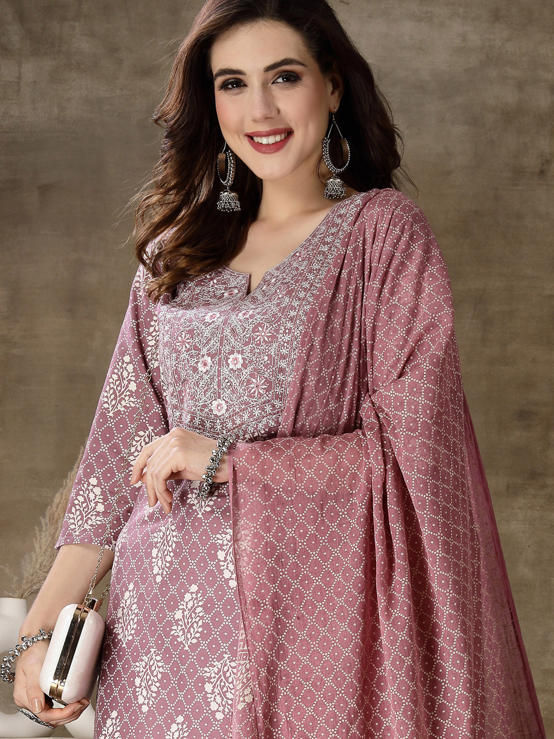 Printed &amp; Embroidered Rayon Straight Kurta Pant Dupatta Set