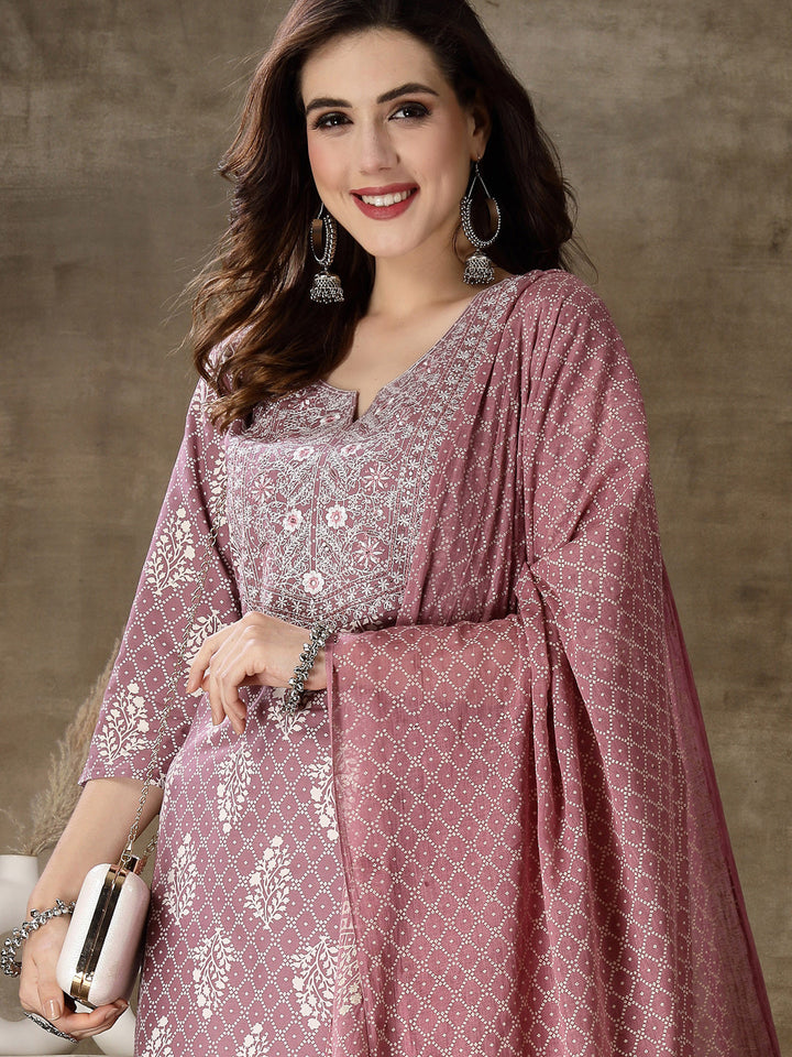 Printed &amp; Embroidered Rayon Straight Kurta Pant Dupatta Set