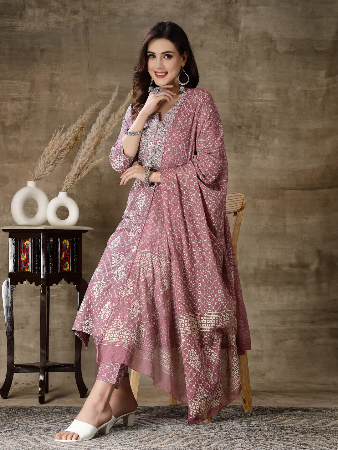 Printed &amp; Embroidered Rayon Straight Kurta Pant Dupatta Set