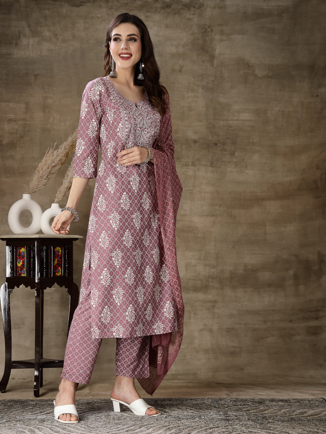 Printed &amp; Embroidered Rayon Straight Kurta Pant Dupatta Set