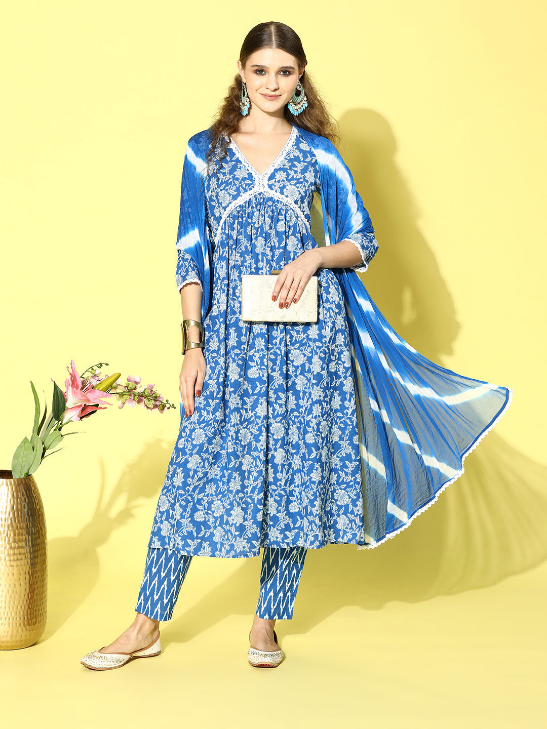 Floral Printed Cotton Naira Cut Kurta Pant Dupatta Set